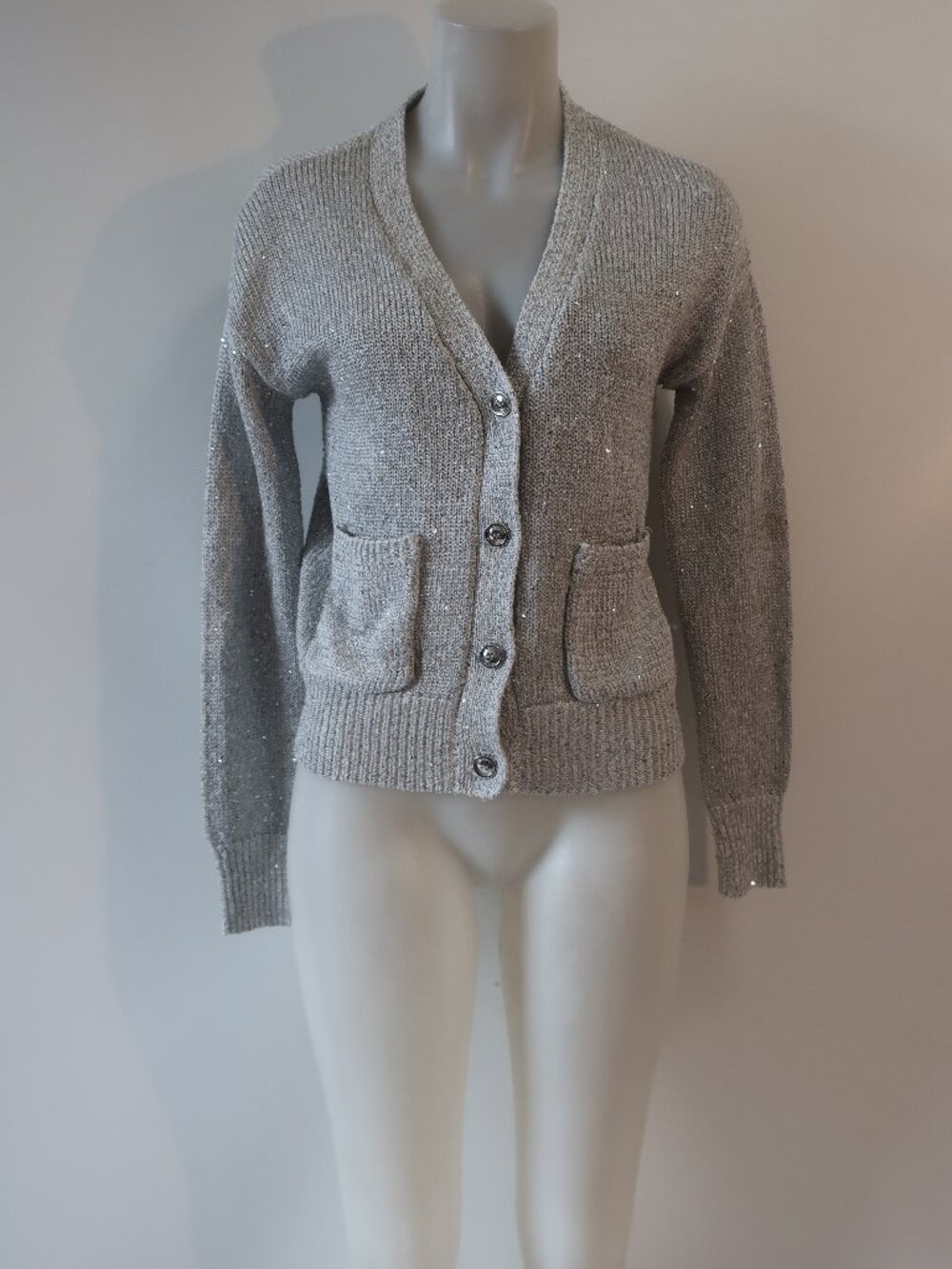 Womens Marled Silver Sequin Knit Cardigan Sweater XS
